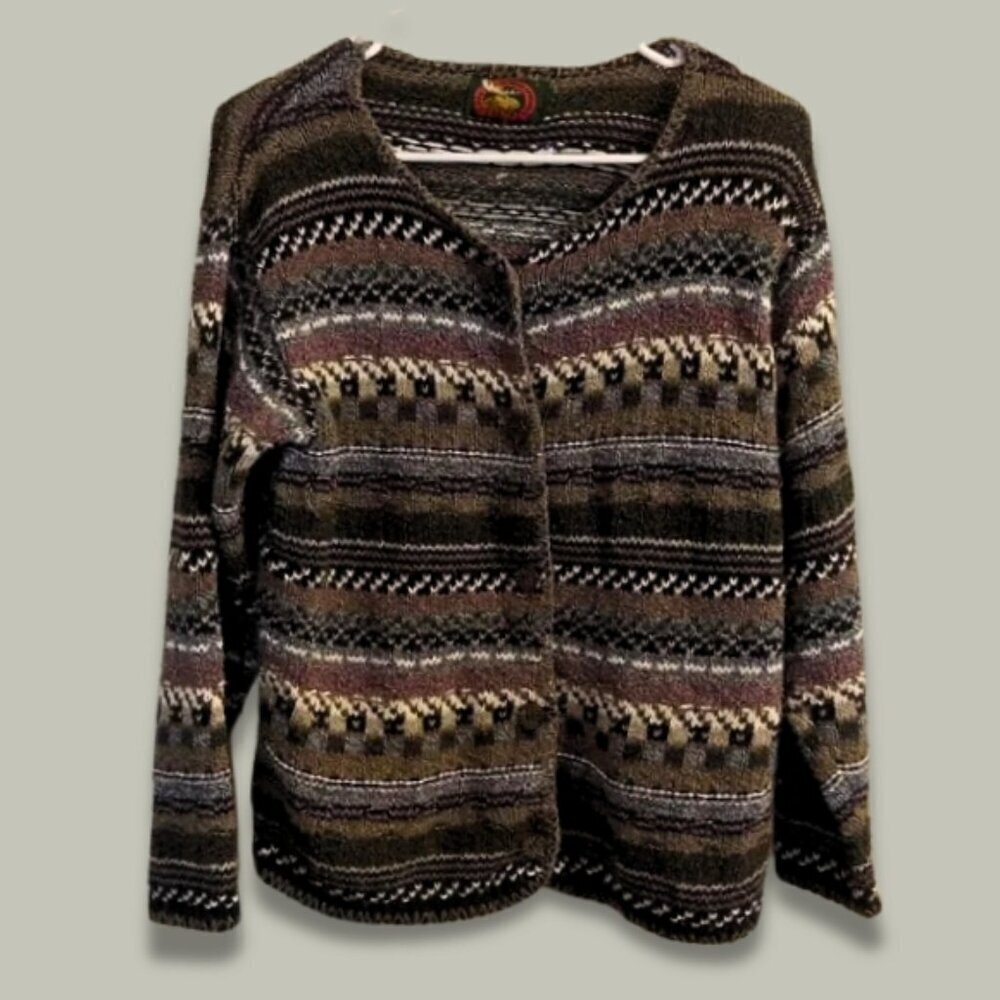 ALP Fein Nordic Fair Isle Cardigan V Neckline Long Sleeves Straight Hem W Small